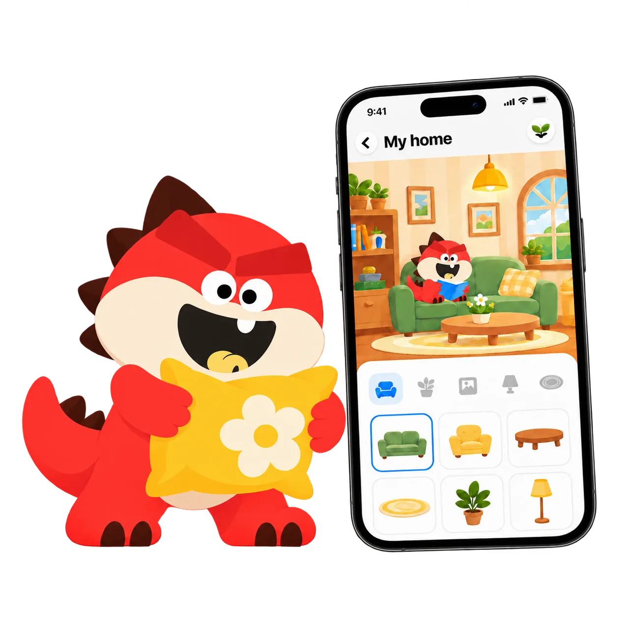 Tada holding a yellow pillow beside the app home, with furniture and room decoration choices
