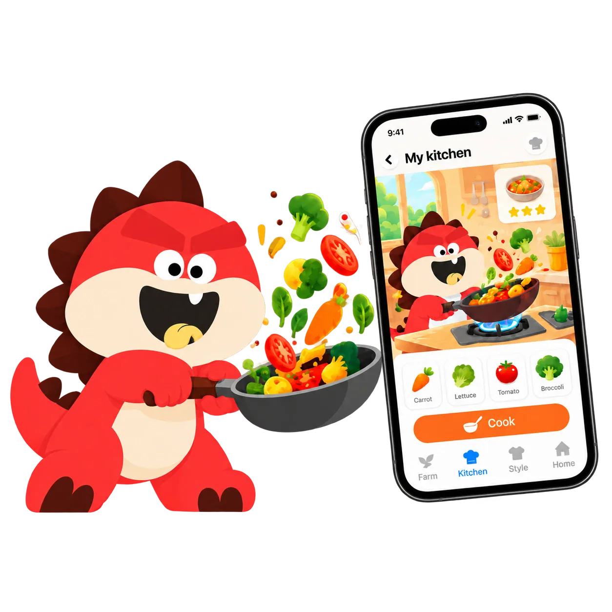 Tada tossing fresh vegetables in a pan beside the TadaPal kitchen app